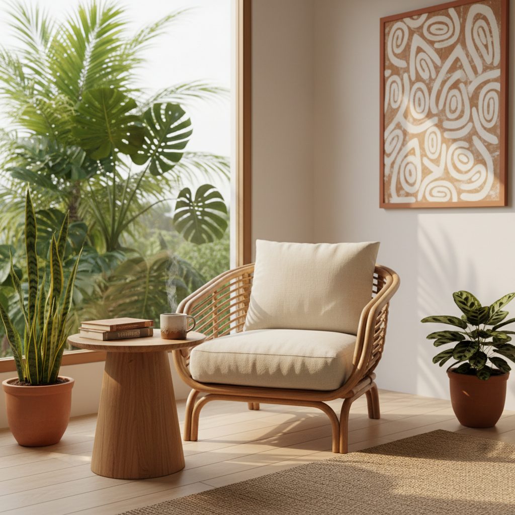 Bright apartment living room with rattan furniture and tropical plants in Bali