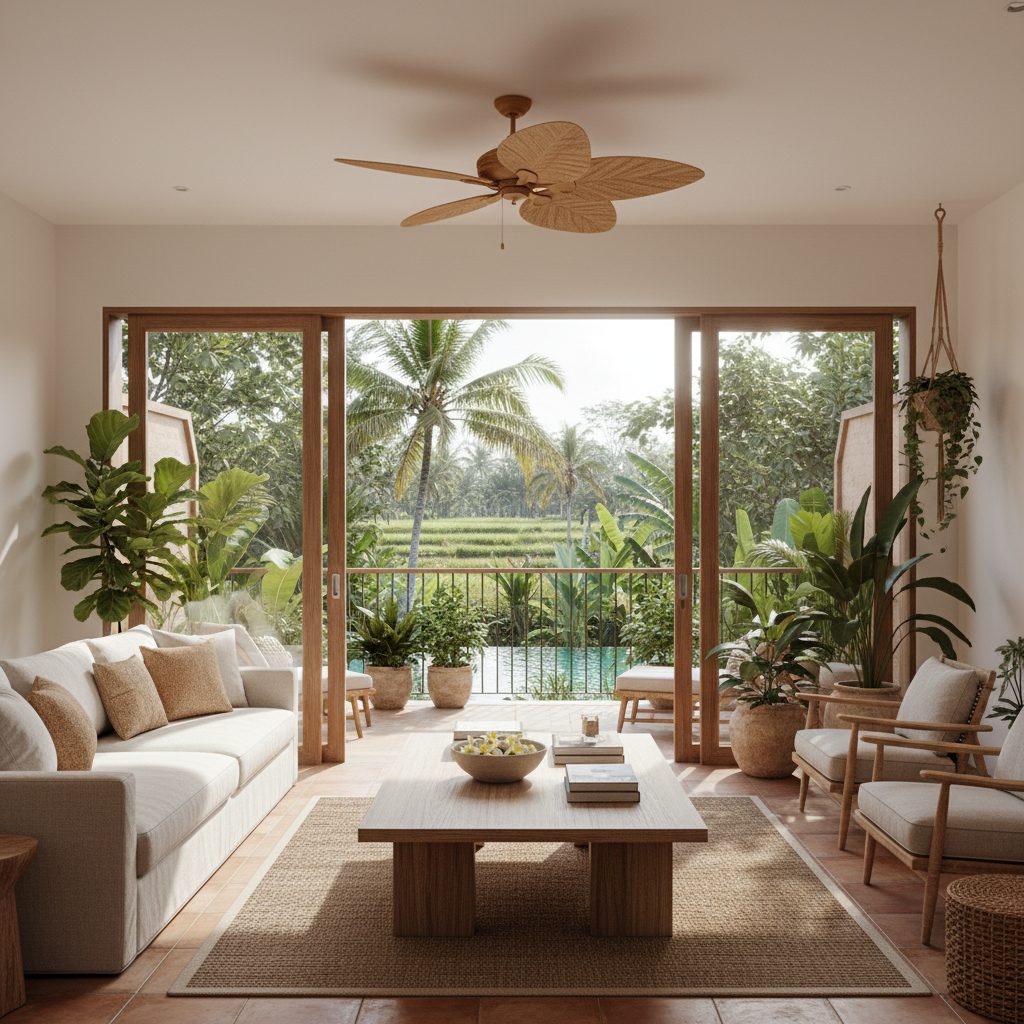 Modern apartment interior in Bali, bright living room with tropical view